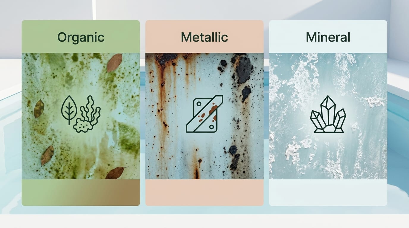 Ilustración técnica de los tres tipos principales de manchas en revestimientos de piscinas: orgánicas, metálicas y minerales.